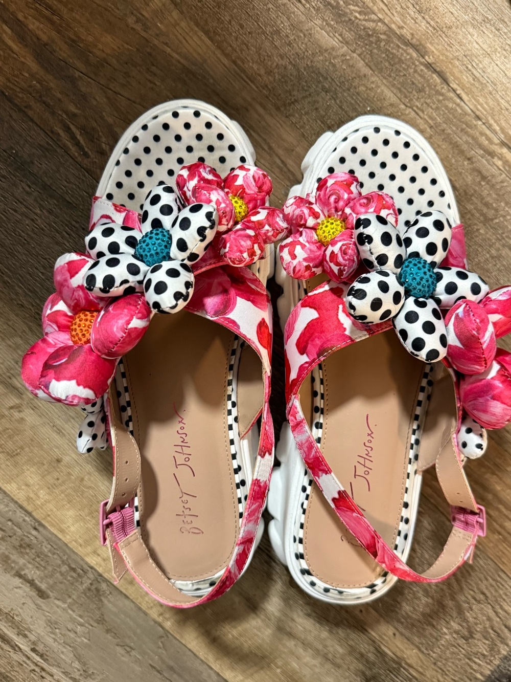 Betsey Johnson Pink Floral & Polka Dot Flower Slingback Sandals